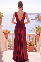 Load image into Gallery viewer, Dark Purple Metallic Ruched V-Neck Long Wedding Guest Dress with Slit