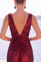 Load image into Gallery viewer, Dark Purple Metallic Ruched V-Neck Long Wedding Guest Dress with Slit