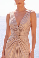 Load image into Gallery viewer, Dark Purple Metallic Ruched V-Neck Long Wedding Guest Dress with Slit