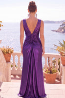 Load image into Gallery viewer, Dark Purple Metallic Ruched V-Neck Long Wedding Guest Dress with Slit