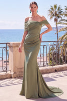 Load image into Gallery viewer, Sage Green Mermaid Off the Shoulder Ruched Long Wedding Guest Dress