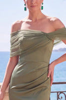 Load image into Gallery viewer, Sage Green Mermaid Off the Shoulder Ruched Long Wedding Guest Dress