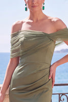 Load image into Gallery viewer, Sage Green Mermaid Off the Shoulder Ruched Long Wedding Guest Dress