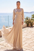 Load image into Gallery viewer, Champagne Boat Neck Ruched Metallic 3/4 Sleeves Long Wedding Guest Dress