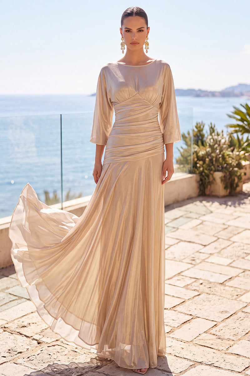 Load image into Gallery viewer, Champagne Boat Neck Ruched Metallic 3/4 Sleeves Long Wedding Guest Dress