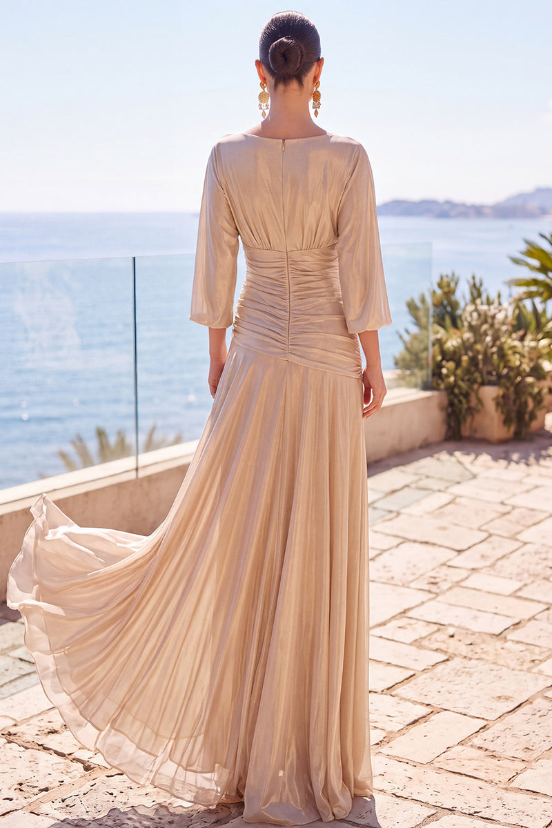 Load image into Gallery viewer, Champagne Boat Neck Ruched Metallic 3/4 Sleeves Long Wedding Guest Dress