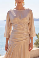 Load image into Gallery viewer, Champagne Boat Neck Ruched Metallic 3/4 Sleeves Long Wedding Guest Dress