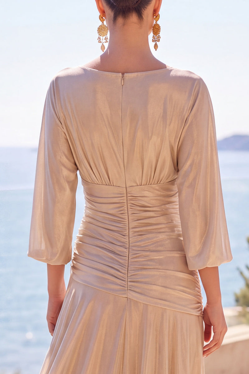 Load image into Gallery viewer, Champagne Boat Neck Ruched Metallic 3/4 Sleeves Long Wedding Guest Dress