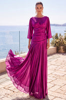 Load image into Gallery viewer, Champagne Boat Neck Ruched Metallic 3/4 Sleeves Long Wedding Guest Dress