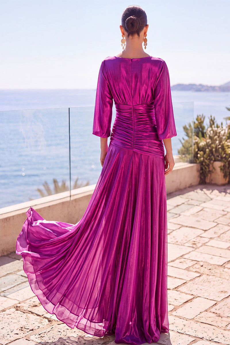 Load image into Gallery viewer, Champagne Boat Neck Ruched Metallic 3/4 Sleeves Long Wedding Guest Dress