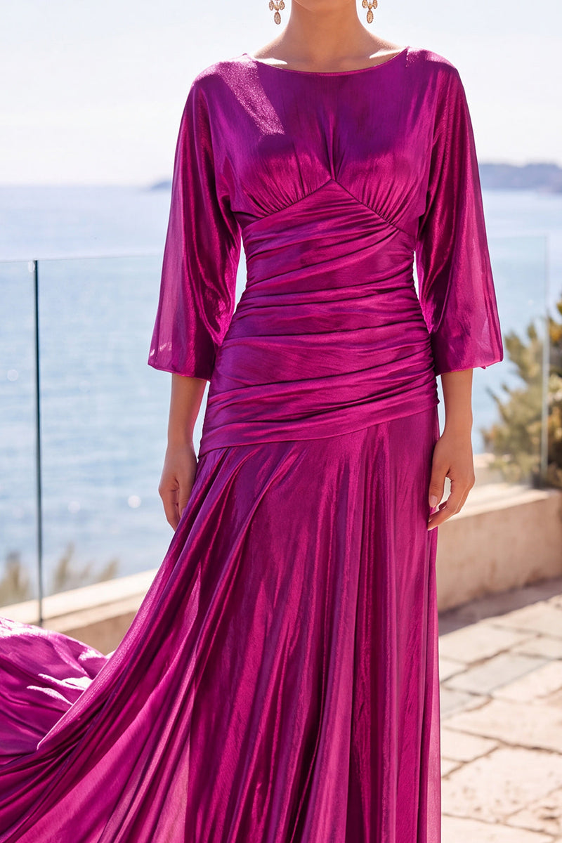 Load image into Gallery viewer, Champagne Boat Neck Ruched Metallic 3/4 Sleeves Long Wedding Guest Dress