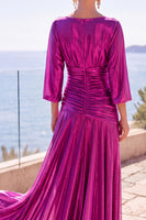 Load image into Gallery viewer, Champagne Boat Neck Ruched Metallic 3/4 Sleeves Long Wedding Guest Dress