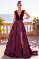 Load image into Gallery viewer, Burgundy Velvet A-Line V-Neck Long Wedding Guest Dress with Slit