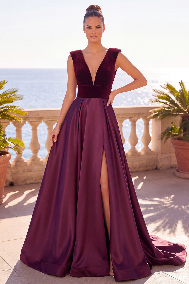 Load image into Gallery viewer, Burgundy Velvet A-Line V-Neck Long Wedding Guest Dress with Slit