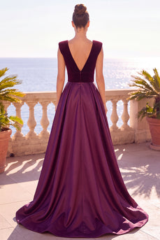 Burgundy Velvet A-Line V-Neck Long Wedding Guest Dress with Slit