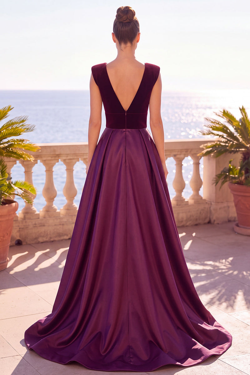 Load image into Gallery viewer, Burgundy Velvet A-Line V-Neck Long Wedding Guest Dress with Slit