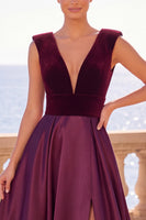 Load image into Gallery viewer, Burgundy Velvet A-Line V-Neck Long Wedding Guest Dress with Slit