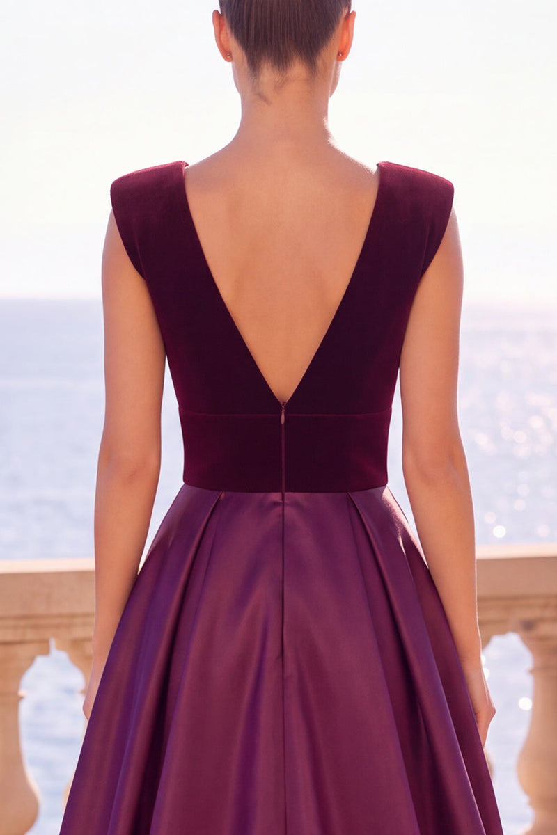 Load image into Gallery viewer, Burgundy Velvet A-Line V-Neck Long Wedding Guest Dress with Slit