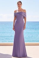 Load image into Gallery viewer, Grey Purple Ruched Mermaid Off the Shoulder Long Wedding Guest Dress