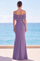 Load image into Gallery viewer, Grey Purple Ruched Mermaid Off the Shoulder Long Wedding Guest Dress