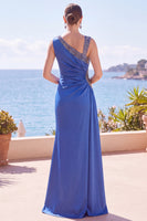 Load image into Gallery viewer, Dark Green Beaded Mermaid Asymmetrical Neck Long Wedding Guest Dress with Slit