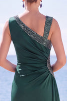 Load image into Gallery viewer, Dark Green Beaded Mermaid Asymmetrical Neck Long Wedding Guest Dress with Slit