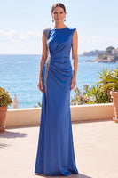Load image into Gallery viewer, Blue Sheath Round Neck Ruched Sparkly Beaded Long Wedding Guest Dress with Slit