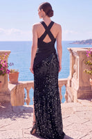 Load image into Gallery viewer, Sparkly Olive Halter Ruched Sequin Mermaid Long Wedding Guest Dress with Slit