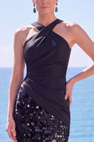 Load image into Gallery viewer, Sparkly Olive Halter Ruched Sequin Mermaid Long Wedding Guest Dress with Slit