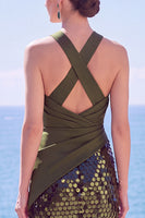 Load image into Gallery viewer, Sparkly Olive Halter Ruched Sequin Mermaid Long Wedding Guest Dress with Slit
