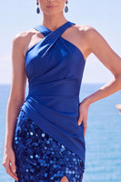 Load image into Gallery viewer, Sparkly Olive Halter Ruched Sequin Mermaid Long Wedding Guest Dress with Slit