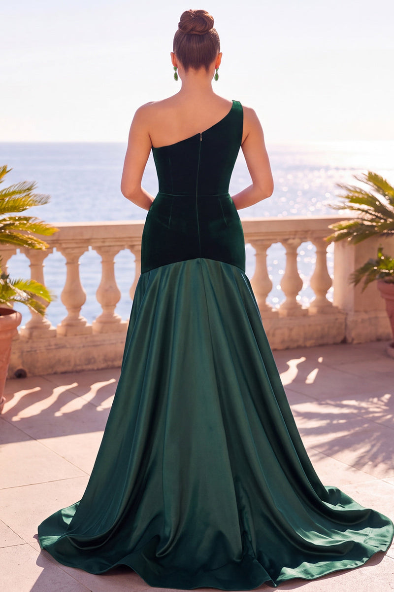 Load image into Gallery viewer, Burgundy Velvet A Line Ruched One Shoulder Long Wedding Guest Dress