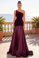 Load image into Gallery viewer, Burgundy Velvet A Line Ruched One Shoulder Long Wedding Guest Dress
