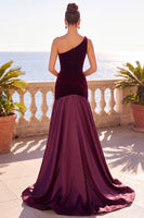 Load image into Gallery viewer, Burgundy Velvet A Line Ruched One Shoulder Long Wedding Guest Dress