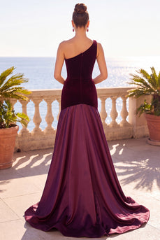 Burgundy Velvet A Line Ruched One Shoulder Long Wedding Guest Dress