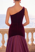 Load image into Gallery viewer, Burgundy Velvet A Line Ruched One Shoulder Long Wedding Guest Dress