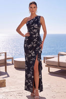 Load image into Gallery viewer, Black Floral Ruched One Shoulder Sheath Long Wedding Guest Dress with Slit