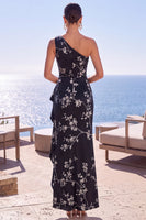 Load image into Gallery viewer, Black Floral Ruched One Shoulder Sheath Long Wedding Guest Dress with Slit