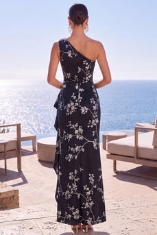 Black Floral Ruched One Shoulder Sheath Long Wedding Guest Dress with Slit
