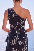 Load image into Gallery viewer, Black Floral Ruched One Shoulder Sheath Long Wedding Guest Dress with Slit