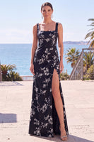 Load image into Gallery viewer, Floral Black Square Neck Sheath Long Wedding Guest Dress with Slit