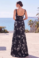Load image into Gallery viewer, Floral Black Square Neck Sheath Long Wedding Guest Dress with Slit