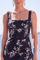 Load image into Gallery viewer, Floral Black Square Neck Sheath Long Wedding Guest Dress with Slit