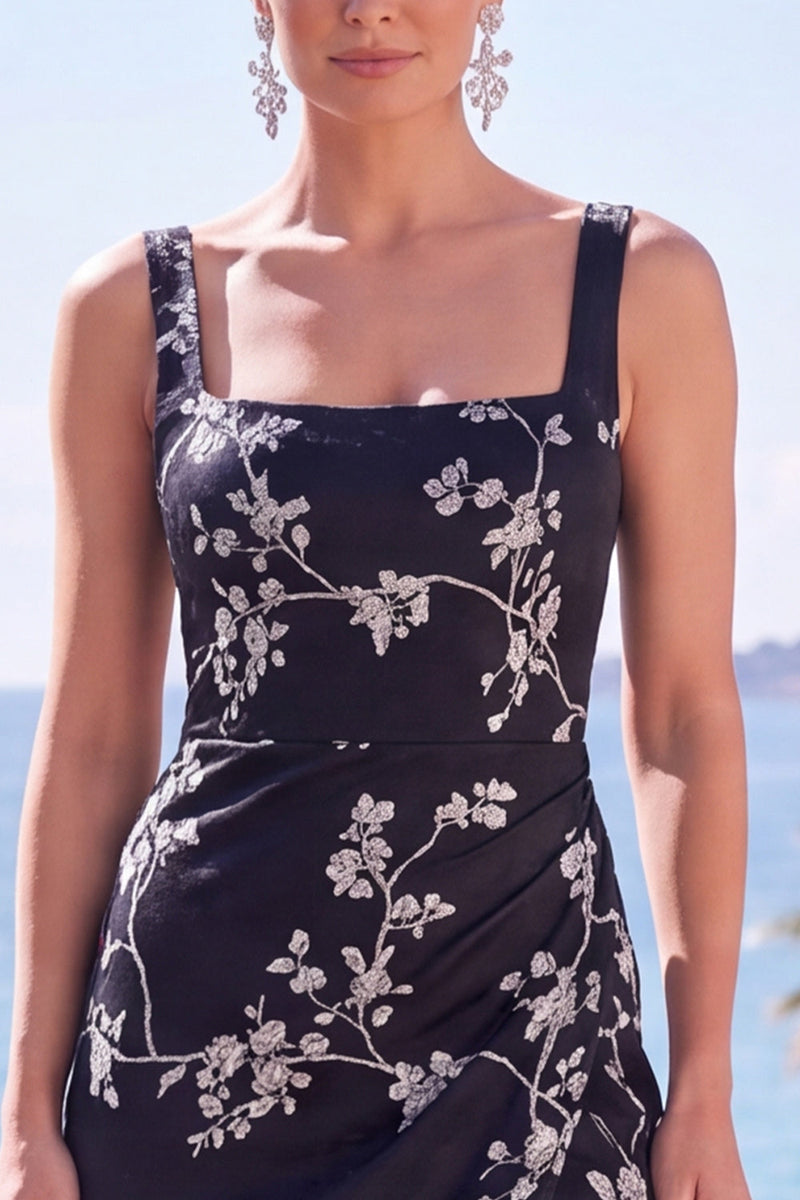 Load image into Gallery viewer, Floral Black Square Neck Sheath Long Wedding Guest Dress with Slit