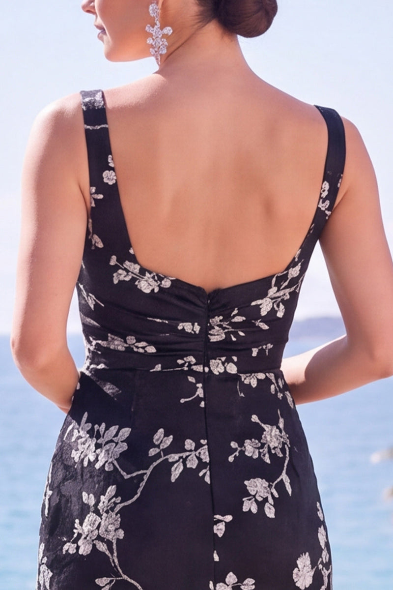 Load image into Gallery viewer, Floral Black Square Neck Sheath Long Wedding Guest Dress with Slit