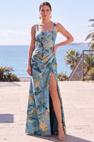 Load image into Gallery viewer, Floral Black Square Neck Sheath Long Wedding Guest Dress with Slit