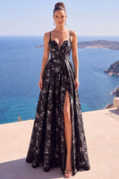 Load image into Gallery viewer, Blue A Line Spaghetti Straps Maxi Floral Wedding Guest Dress with Slit