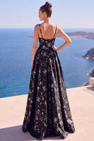 Load image into Gallery viewer, Blue A Line Spaghetti Straps Maxi Floral Wedding Guest Dress with Slit