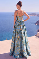 Load image into Gallery viewer, Blue A Line Spaghetti Straps Maxi Floral Wedding Guest Dress with Slit