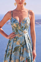 Load image into Gallery viewer, Blue A Line Spaghetti Straps Maxi Floral Wedding Guest Dress with Slit